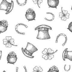 Hand Drawn Leprechaun Hat, Horseshoe and Treasure Pot Vector Seamless Background Pattern with Clover Leaves. Saint Patrick Celebration Greeting Sketch Wallpaper Wrapping or Cover Template