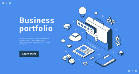 Business portfolio successful financial economy commerce consulting job management internet banner landing page isometric vector illustration. Corporate development document analyzing strategy