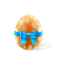 Template vector card with realistic egg, gift bow and Easter Greeting. Vector illustration. White background.