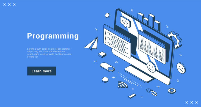 Programming professional service website software development with computer monitor workflow internet banner landing page isometric vector illustration. Coding web digital optimization user interface
