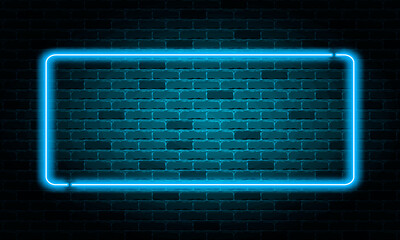 Neon night blue frame on brick wall background, frame for your design, vector illustration