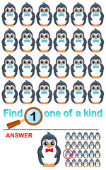 Vector Maze game for children education. Find one of a kind. Cute penguin