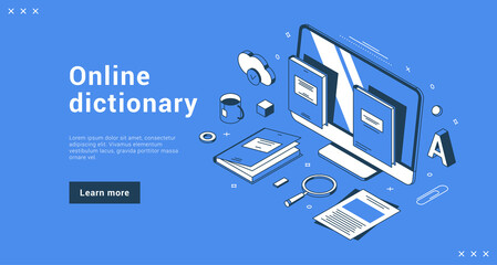 Online dictionary education web distance learning courses international ebook translator banner landing page isometric vector illustration. Internet studying glossary vocabulary lexicon information - obrazy, fototapety, plakaty