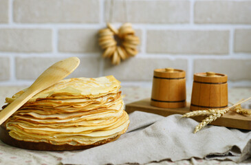 pancakes with jam. Carnival. Maslenitsa food. Rustic. 