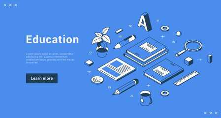 Education or business training learning information school college university internet banner landing page isometric vector illustration. Studying cyberspace course with book textbook stationery - obrazy, fototapety, plakaty
