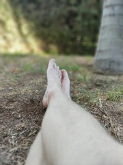 naked male legs lie on the grass