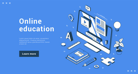 Online education web seminar internet class distance e learning computer book stationery banner landing page isometric vector illustration. Webinar, digital classroom, remotely tutorial teaching