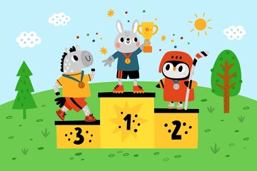Animals winners. Athletes stand on podium. Competition champions with trophy and medals. Gold cup award ceremony. Hare, horse and owl on winning pedestal. Sport success. Vector concept