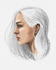 portrait sketch of a young beautiful girl in profile with white hair in snowflakes digital drawing
