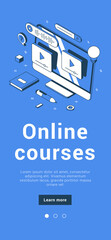 Online courses distance education video tutorial remotely studying with computer monitor mobile banner isometric vector illustration. E learning digital school college university webinar web training - obrazy, fototapety, plakaty