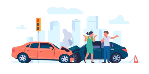 Car accident. Vehicles crash. Drivers argue at stoplight. Broken automobiles. Traffic rules violation. Transport collision illustration. Wrecked autos and persons quarrel. Vector concept