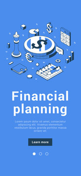 Financial planning account budget balance with expenses and earnings calculating mobile banner isometric vector illustration. Work profit success strategy development money economic optimization