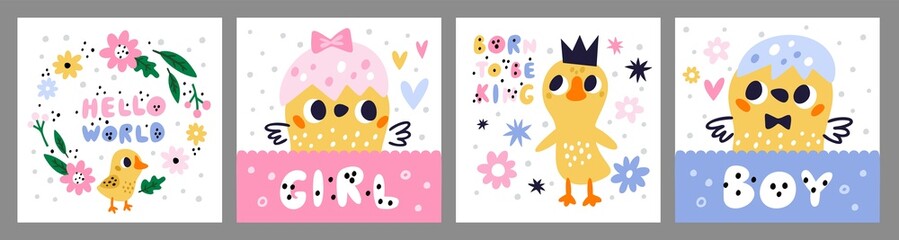 Chickens cards. Cute little baby birds. Girls and boys greeting posters. Funny ducklings and goslings. Chicks hatched from eggs. Birthday kids banners. Vector child birth postcards set