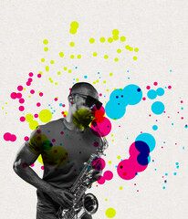 Creative design. Conteporary art collage of young stylish african man playing saxophone isolated...