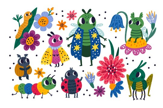 Cute bugs. Funny cartoon insects. Flying butterfly and crawling caterpillar characters. Moths and happy grasshopper with flowers. Ladybug or beetle on leaves. Vector small animals set