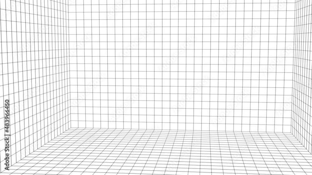 Poster white wireframe room. empty perspective box. futuristic digital grid cube. cyberspace with mesh in v