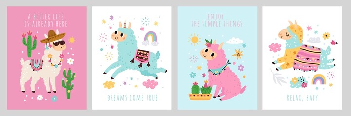 Cute llama cards. Funny alpacas posters, motivational inscriptions phrases, color fluffy animals, cacti and rainbows, pretty camels, pastel colors, vector cartoon flat isolated set