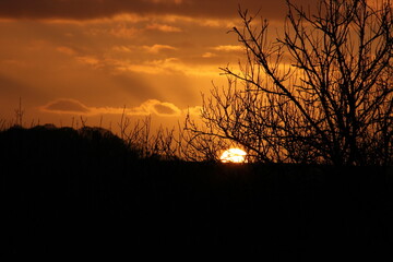 beautiful sunset in the winter, Naunton in Cotswolds