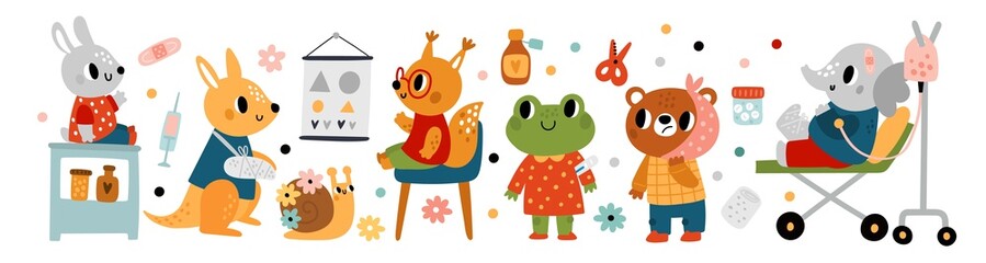 Cute patients animals. Sick cartoon characters. Injured kangaroo. Bear with bad teeth. Squirrel at oculist appointment. Elephant lying on medical gurney. Zoo clinic. Vector ill creatures set