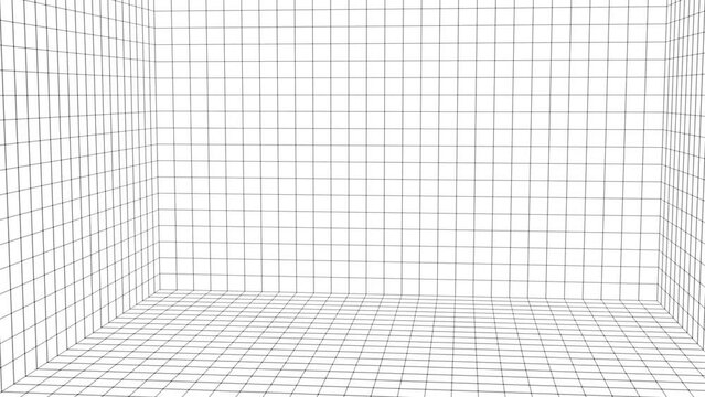 White wireframe room. Empty perspective box. Futuristic digital grid cube. Cyberspace with mesh in virtual reality. 3D rendering.