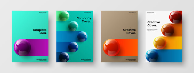 Creative realistic spheres front page layout composition. Modern company brochure design vector illustration set.