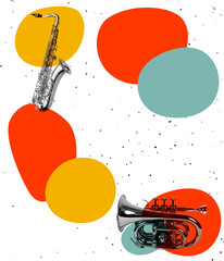 Contemporary art collage. Concept of music lifestyle, creativity, inspiration, imagination, ad. Musical instruments on bright background