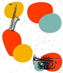 Poster Contemporary art collage. Concept of music lifestyle, creativity, inspiration, imagination, ad. Musical instruments on bright background © master1305