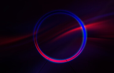 Dark abstract background.  Neon geometric 3d figure , UV smoke. 3d illustration