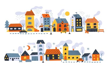 Small houses streets. Rural little town with cozy color buildings, line compositions. Tiny homes, cute cars and trees, urban landscapes, horizontal border, vector cartoon isolated set
