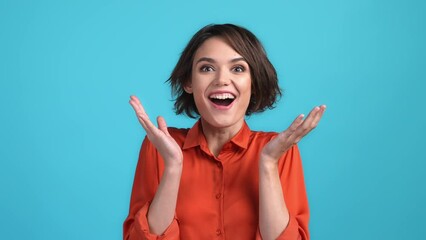 Lady impressed lucky win start fist up isolated blue color background