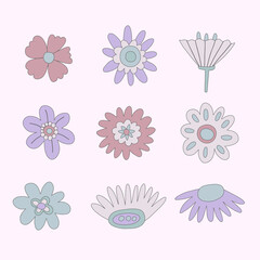 vector set of blue lo fi hippie flowers.Hippie collection flowers for spring and summer.Faded vintage style 70s and 80s.Stories social media stickers.Romantic soft pop shapes in funky and groovy