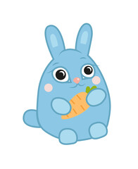 Cute bunny, blue-colored animal, rabbit character with carrot