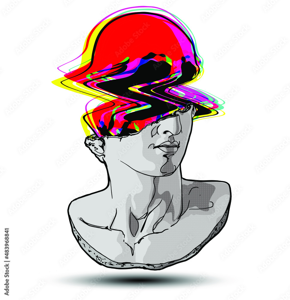 Aufkleber vector hand drawn illustration of classical sculpture fragment of colossal head with colorful glitch