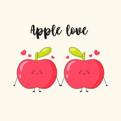 Cute print of red apple couple. Concept of apple love with text.