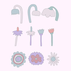 vector set of blue lo fi hippie flowers.Hippie collection flowers for spring and summer.Faded vintage style 70s and 80s.Stories social media stickers.Romantic soft pop shapes in funky and groovy	
