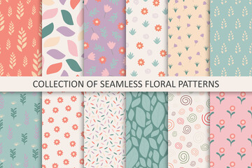 Collection of colorful seamless floral patterns - hand drawn delicate design. Vintage trendy prints. Textile endless covers. Cute repeatable backgrounds