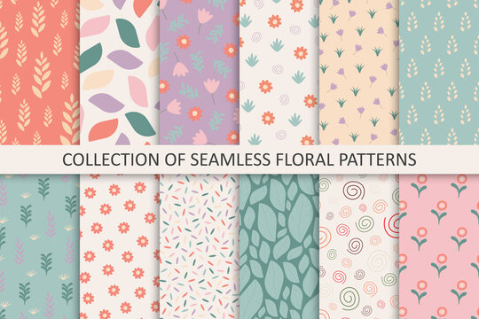 Collection of colorful seamless floral patterns - hand drawn delicate design. Vintage trendy prints. Textile endless covers. Cute repeatable backgrounds