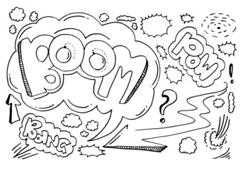 Hand drawn comic doodles on white background.