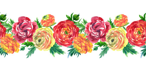 Seamless border of spring ranunculus flowers on white background, isolated based on watercolor illustration, print for fabric, home decor, etc.