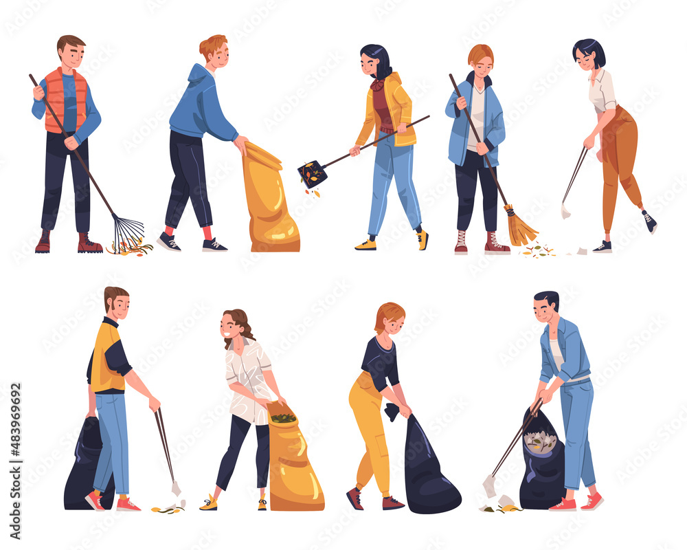 Canvas Prints People Character Collecting Garbage in Sack Cleaning Street Vector Illustration Set