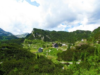 View of mountain hut at Bogatin in Julian alps and Triglav national park, Slovenia in summer and...