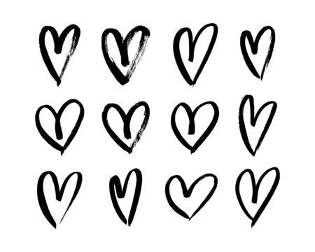 Brush stroke heart outline set. Rough grungy hand drawn scribble. Simple cute love and romantic icons. Abstract doodle heart shapes trendy minimal sketch.
