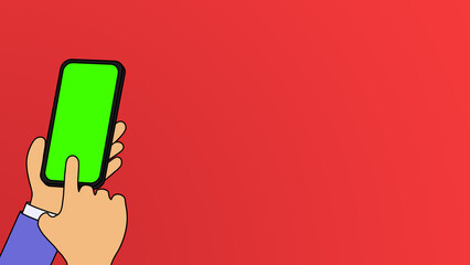 Cartoon hand hold smartphone. Green screen chromakey mockup on isolated red background, horizontal banner vector illustration with text area, copy space, place for text.