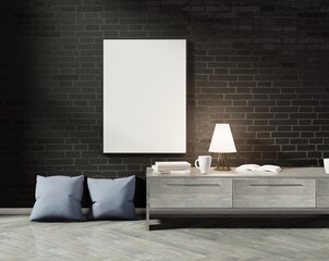 Empty vertical frame on a black brick wall. Wooden console and pillows on the floor. 3D rendering.