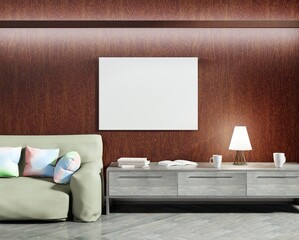 Empty horizontal frame template on a wooden wall. Couch and wooden table. Parquet floor. 3D rendering.
