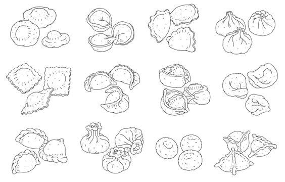 Set Different Dumplings Of Traditional Cuisines, Vector Illustration Isolated.