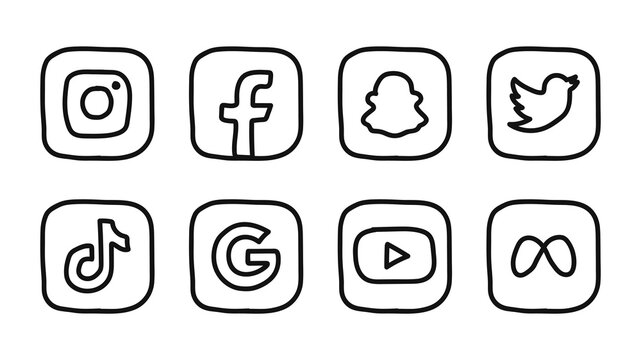 Instagram, Facebook, Snapchat, Twitter, Tik tok, Google, YouTube, Meta. Set of hand-drawn popular social media icons. Doodle style. VINNITSA, UKRAINE - JANUARY 18, 2022