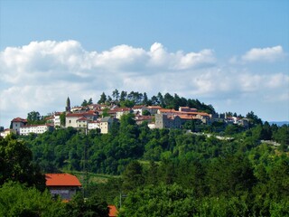 View of old town of Stanjel in the municipality of Komen in Littoral region of Slovenia on top of a...