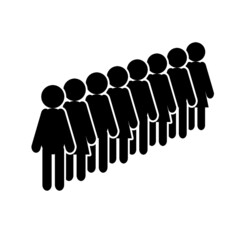 Long row of people waiting in a queue, black icons isolated on white background