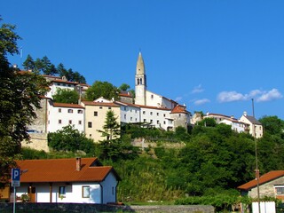 View of a small historic town of Stanjel in Karst and Littoral region of Slovenia with the church of St. Daniel